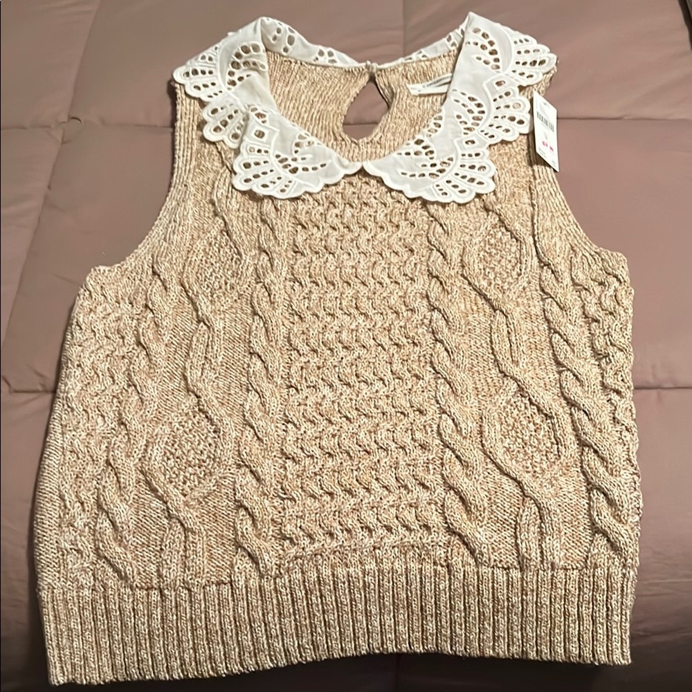 Anthropologie Tan and White Crew Neck Sweaters with Classic Cable Knit